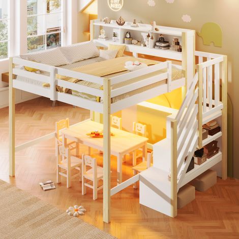 Lit mezzanine, 140 x 200 cm, avec éclairage LED, grand espace de rangement sous le lit, échelle de rangement, compartiment de rangement ouvert, sans matelas, blanc et naturel (1/5)