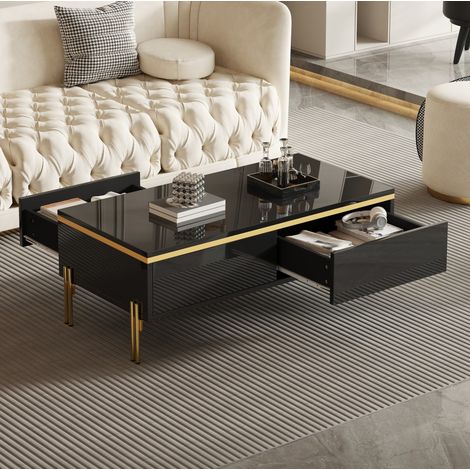 Tavolino da caffè 100 x 50 x 36 cm con 2 cassetti nascosti, finitura lucida parziale, nero DESVIAE (1/5)