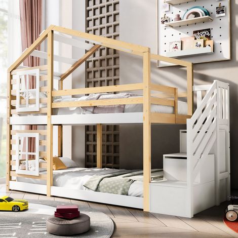 Lit Superposé 90×200 cm, Lit Simple avec Escalier de Rangement, Fenêtres et Barrières, sans Matelas