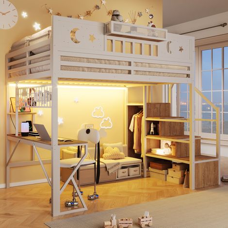 Lit mezzanine 140x200cm avec bureau,panneau perforé,étagères, LED Lit enfant avec USB et escalier de rangement en métal et MDF,blanc