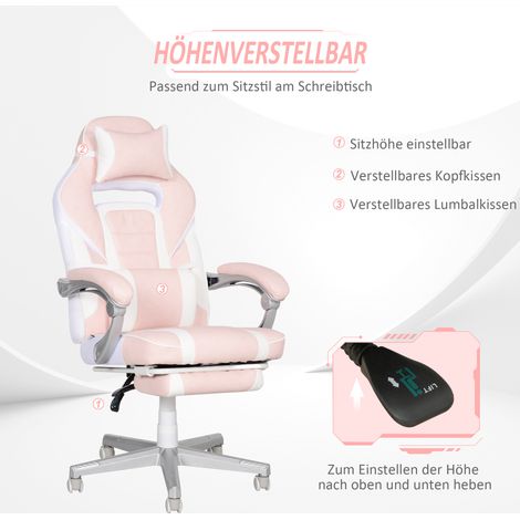 Chaise gaming pivotante réglable en hauteur avec repose-pieds, coussinets tête et lombaires, couleur rose (1/4)