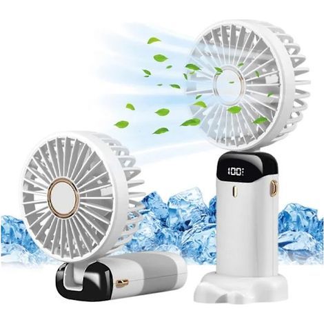 Ventilateur portable à main avec 5 vitesses, mini ventilateur rechargeable par USB avec affichage LED – idéal pour la maison, le bureau, la chambre et les voyages, couleur blanc-aquaforge (1/5)