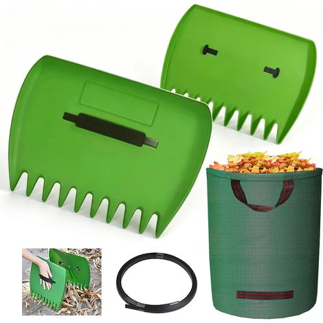 ramasse Feuilles à Main 33×24cm avec Sac de Jardin 210L, râteau ramasse Feuilles avec 1 paires de gants, râteaux à main en plastique léger pour ramasser les feuilles, ramasser les feuilles de jardin (1/5)
