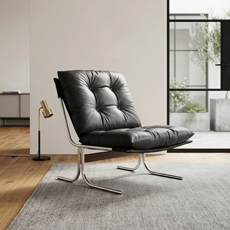 Fauteuil de salon lounge design barcelona 72.2 x 84.1 x 84.6 cm - chaise de réception amovible en simili cuir et pieds en métal chromé pour chambre balcon - noir