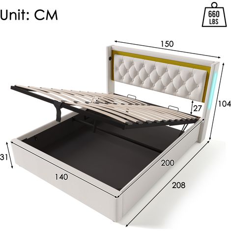 Letto Contenitore Letto Matrimoniale 140 x 200 cm con LED Regolabile, 2 USB, 2 Tipo C e Vano, senza Materasso (1/4)