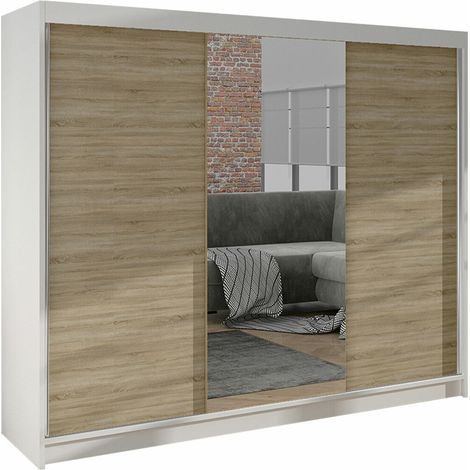Armoire Closico Durion I, Blanc + Sonoma chêne, 215x200x58cm, Portes d'armoire: Coulissantes, Nombre d'étagères: 9