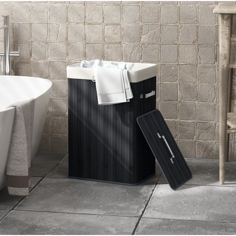 Cesto portabiancheria 40x30x60 cm con coperchio, sacco rimovibile, manici laterali, bambù e tessuto nero (1/5)