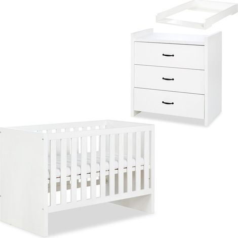 Monmobilierdesign – Ensemble bébé commode à langer et lit évolutif 120x60 cm – MDF blanc – Lit à barreaux réglable sur 3 niveaux – Commode avec plan à langer amovible (1/5)