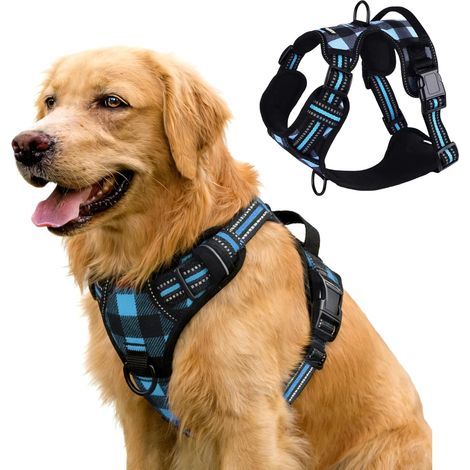 Harnais pour chien avec poignée réfléchissant classique à carreaux réglable rembourré anti-étouffement contrôle facile pour chiens de petite, moyenne et grande taille (bleu, taille M) (1/5)