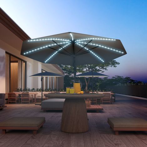 Alu Ampelschirm LED Solar Ø300 cm höhenverstellbar Sonnenschirm mit Kurbel Ständer UV50+ Dunkelgrau