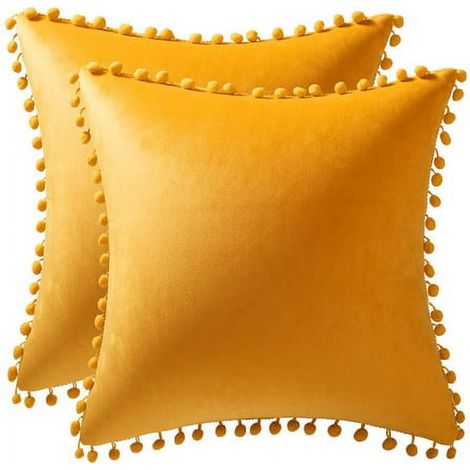 Housse De Coussin - Velours - 20 x 20 Pouces - Fermeture Éclair Cachée - Pompons Décoratifs - Lot De 2 (1/5)