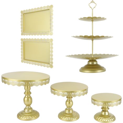 6-teiliges Tortenservierset aus goldfarbenem Eisen, exquisiter Tortenständer im Retro-Stil mit Tablett für Cupcakes, Muffins und Kuchen (1/5)