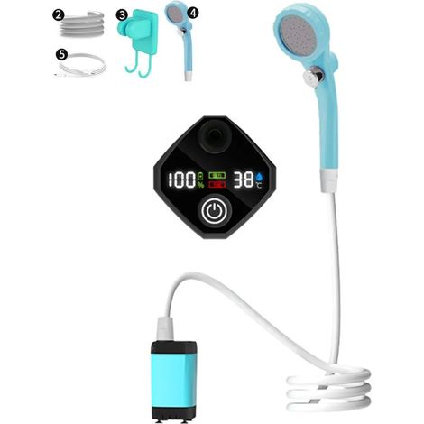 (Bleu 6000 mAh) Pompe de douche électrique portable rechargeable pour camping en extérieur avec affichage numérique intelligent (1/4)