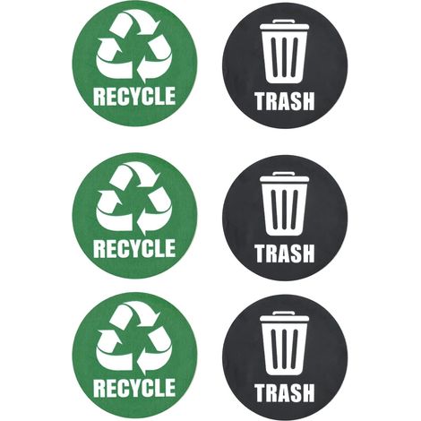 6pcs Autocollant de Recyclage Étanche Recycle & Trash Étiquette de Signe de Logo Autocollant pour Poubelle de Recyclage Conteneurs à Ordures en PVC Rond (1/5)