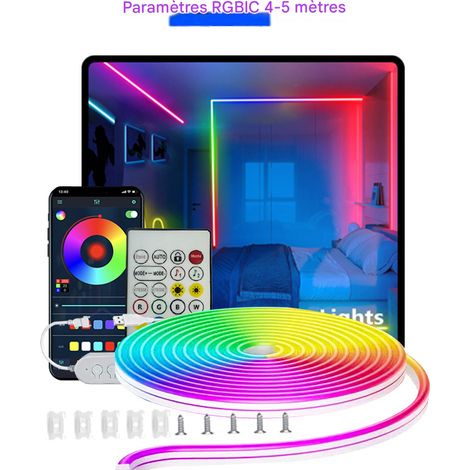 Ruban Néon LED RGBIC USB 5M – Bande Flexible en Silicone 60 LEDs/m, Contrôle Bluetooth 2.4G avec Synchronisation Musicale, DIY Ambiance Gaming, Streaming et Décoration – Emballage Blister (1/3)