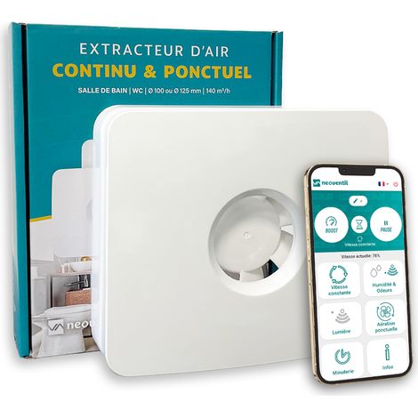 Extracteur d'air connecté pour salle de bain et cuisine – Détection humidité, lumière, odeurs – Minuterie intégrée – Débit 140 m³/h