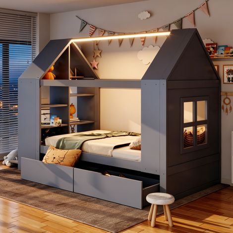Letto per bambini 90x200 cm grigio in legno massello con cassetti, vani portaoggetti e LED (1/5)