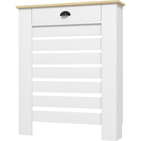 Couvercle de radiateur cache radiateur grille à lattes horizontales avec 2 tiroirs en bois 78l x 19P x 95,5H cm blanc