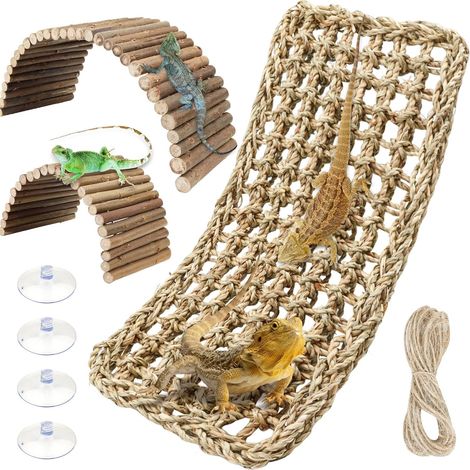 Lot de 3 accessoires pour aquarium de dragon barbu - Hamac en jonc de mer naturel et pont pliable en bois naturel pour escalade, crabe ermite, lézard, souris, araignée, tortue, serpent (1/5)
