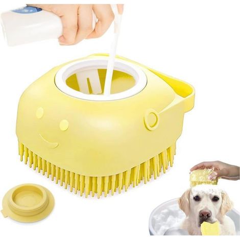 Brosse Toilettage Chien Chat Silicone Doux avec Distributeur Savon Shampoing Massage Bain Jaune (1/5)