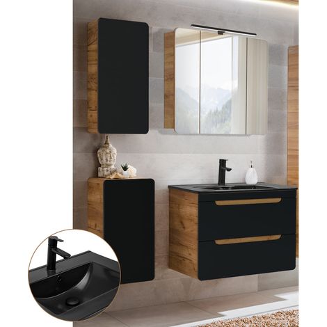 Badezimmer Set in seidenmatt anthrazit mit Wotan Eiche Nb. NEW-LUTON mit 81 cm Keramik Waschtisch & LED Spiegelschrank, B/H/T ca. 130/195/46 cm (1/5)