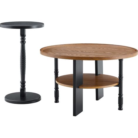 Lot de 2 tables basses rondes en MDF finition PVC, table d’appoint compacte pour salon et chambre, bois foncé et noir, style moderne CHICFURN (1/5)