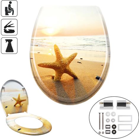 Abattant de toilette universel LZQ avec fermeture amortie, antibactérien, en plastique rigide, motif étoile de mer (1/5)
