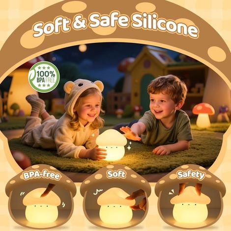 Lampada a forma di fungo con timer, luce notturna a forma di fungo per bambini, dimmerabile e facile da usare, graziosa luce notturna in morbido silicone ricaricabile (1/5)