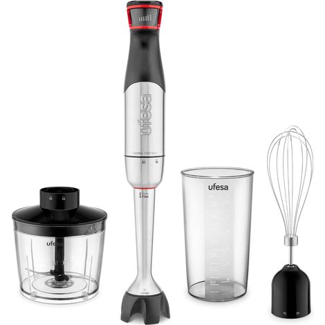 Mixeur plongeant 1500 W, 4 lames, vitesse réglable, protection anti-éclaboussures, kit 3 en 1 avec hachoir, fouet émulsifiant et gobelet de 700 (1/5)