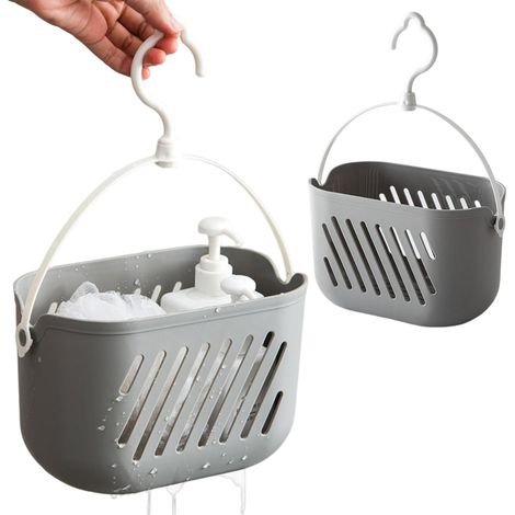 Organizer da appendere per la doccia, 2 cestini in plastica da appendere con gancio, piccolo cestino portaoggetti, contenitore per bagno e cucina (grigio) (1/5)