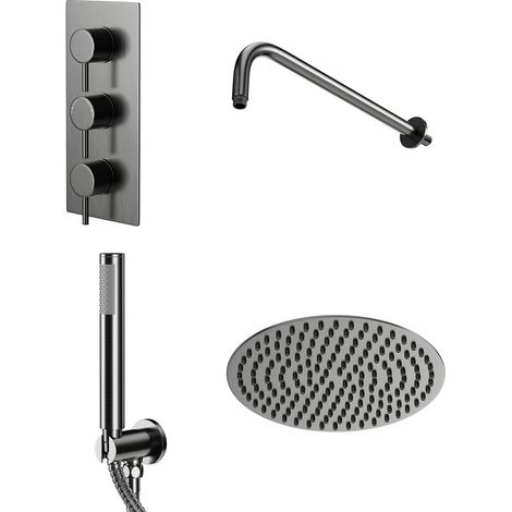 Colore Round Gunmetal Grey Concealed Triple Thermostatic Valve Mixer Shower Including 200mm Fixed Shower Head with Wall Arm and Shower Outlet Holder with Kit - 2 Outlet (1/5)