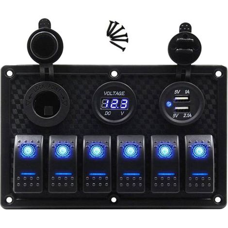 Panneau de Commutation 12/24V 6 Boutons avec Testeur de VoltmèTre NuméRique 3.0 Chargeurs USB Adaptateur Secteur Bule Light Boat