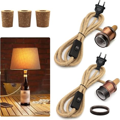 Lot de 2 Kit Lampe Bouteille, Douille E27 Laiton, Câble 240 cm, 3 Tailles Bouchons, Pour Salon, Cuisine