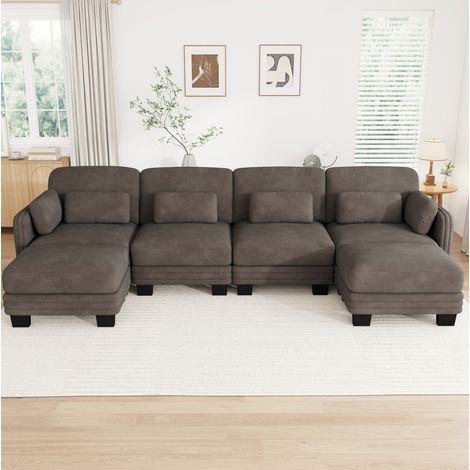 Canapé U modulable 4 places 330x143x88 cm, chenille marron, 2 ottomanes pour salon – MEUBLIV (1/5)
