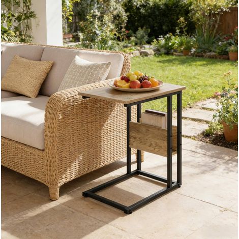 Mesa auxiliar en C con estante lateral, estructura de metal y madera efecto gris (1/4)