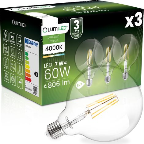 3x LED-Lampe E27 Kugel G125 7W = 60W 806lm 4000K Neutralweiß 360° Glühfadenbeleuchtung