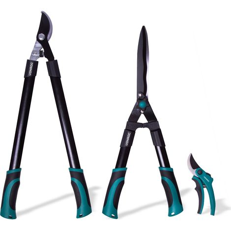 Vonroc – Kit d’outils de coupe-branches 3 pièces – Élagueur 63cm pour branches Ø30mm – Cisaille 57cm pour haies Ø6mm – Sécateur 20,5cm pour fleurs Ø15mm
