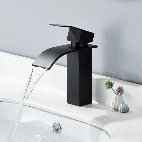 Robinet de lavabo carré à poignée cascade noire, robinet de lavabo réglable eau chaude/eau froide, m (1/5)