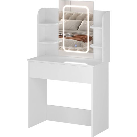 FURNITURE HMD White LED Dressing Table with Mirror, 3 Color Modes, 1 Drawer & 4 Shelves Modern Vanity Desk with Strip Lights for Bedroom Space-Saving Flat-Pack Design (85x40x140cm) (1/5)