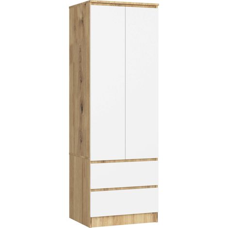 Akord – Armoire 2 portes 2 tiroirs chêne artisan 60 cm – Façade blanche – Dimensions 60x51x180 cm – Panneau stratifié – Limiteur d'extension tiroir