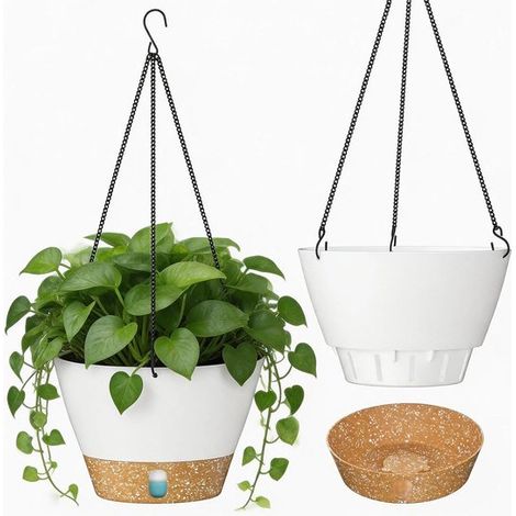 Maceta colgante de 25 cm (10 pulgadas), macetas con bandeja de drenaje con nivel agua visible plato extraíble plantas interior exterior (blanco) (1/5)