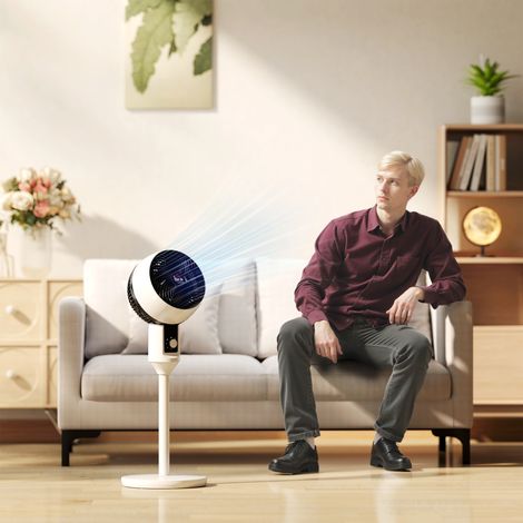 Ventilador de pedestal de 45 W, circulador de aire de 3 velocidades, oscilación ajustable de 70°, blanco y negro.