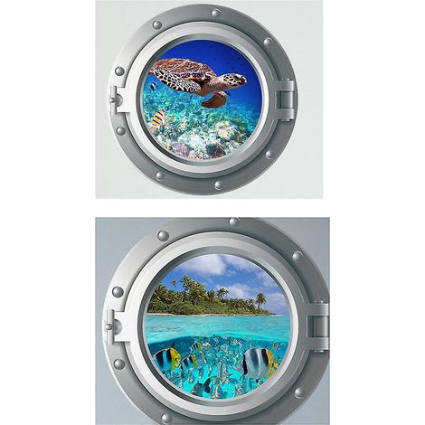 deux Ensembles 35x35cm Stickers Muraux 3d Hublot Monde Sous-marin Stickers Muraux Fentre Tortue Dauphin Stickers Muraux Enfants Chambre Chambre Sa (1/5)