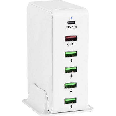 Station de charge USB-C 6 ports 65 W, hub multiports portable, chargeur mural USB-C rapide PD3.0 et QC3.0 pour smartphones, tablettes et autres appareils. (1/5)