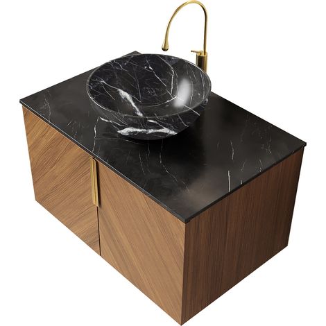 Badezimmermöbel 76 cm mit Keramikwaschbecken in Schwarz, Sintersteinplatte, braune Eiche (1/5)