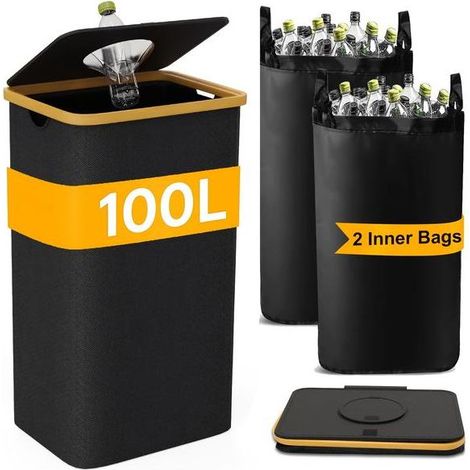 Poubelle de tri sélectif domestique 2 compartiments avec sacs intérieurs amovibles réutilisables en tissu Oxford 600D, pour recycler bouteilles, cartons et verre (1/5)