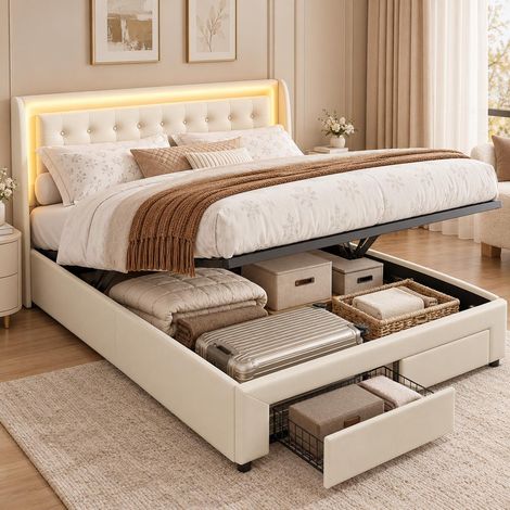 Cama canapé abatible 140x190 cm hidráulica con luces LED RGB, 2 cajones de almacenaje y somier de láminas, de terciopelo, Beige (1/5)