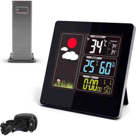 Station Météo FISHTEC Numérique - Sans Fil - À Poser ou Fixer au Mur - Large Écran LCD Coloré - Noir