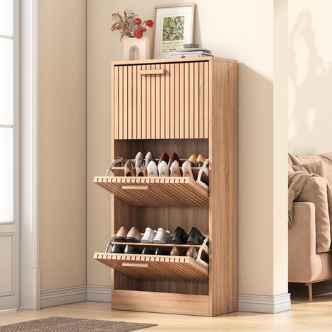 Meuble à Chaussures 3 portes,Armoire à chaussures rangement,anti-basculement,Moderne pour Entrée,Salon,60x24x113 cm,Bois naturel