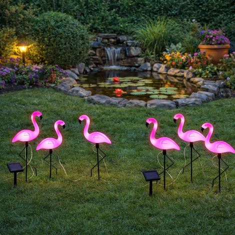 Solar Steckleuchte Flamingo LED Gartendeko Figur Solarleuchte Balkon Erdspieß, Kunststoff rosa schwarz, 3x LED, LxBxH 20x6x52 cm, 6er Set (1/5)
